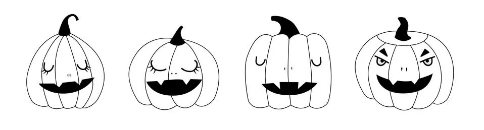 Set of linear pumpkins for halloween, funny, cute and childish, with closed e Stock Illustration