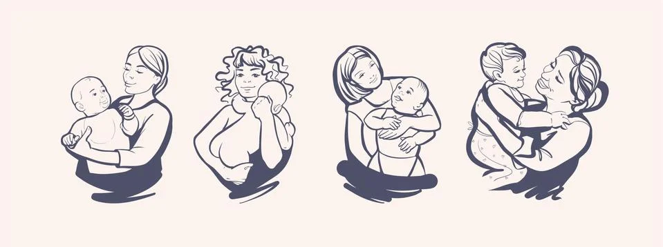 A set of linear silhouettes, a logo in the form of a sketch sign. Mom with a Stock Illustration