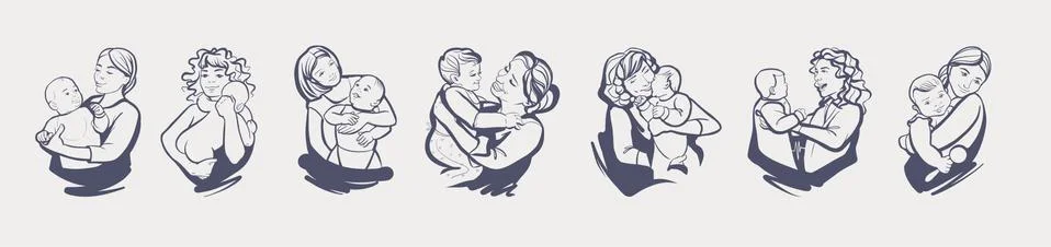 A set of linear silhouettes, a logo in the form of a sketch sign. Mom with a Illustrazione stock