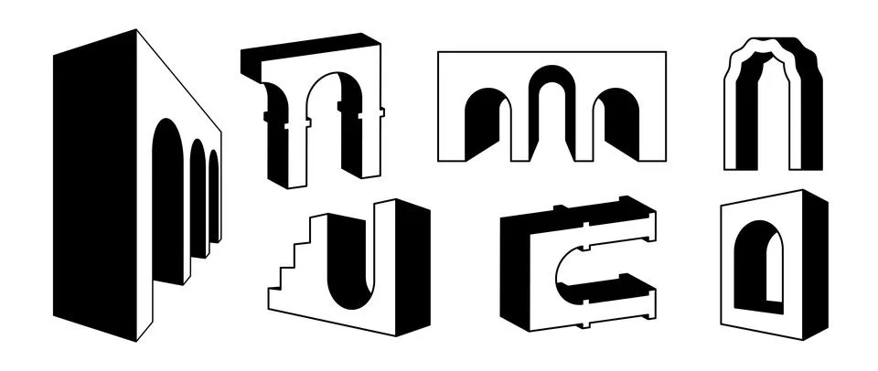 Set of linear surreal arches in perspective. Outline fun geometric element Stock Illustration
