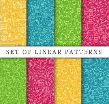 Set of linear travel style concept. Journey element on poster, book, layout Stock Illustration