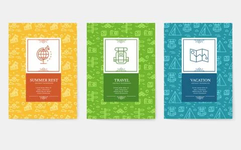 Set of linear travel style concept. Journey element on poster, book, layout Stock Illustration