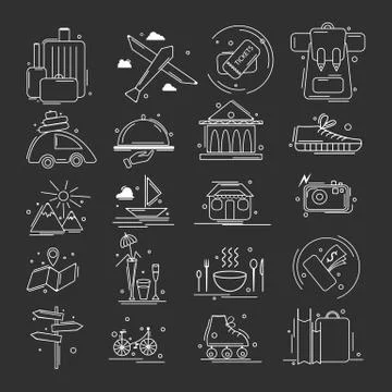 Set of linear white simple icons composed on black background and showing Illustrazione stock
