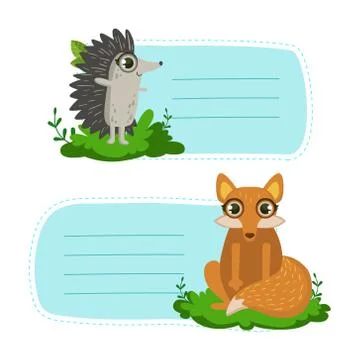 Set of Lined Cards, Notes, Tags, Stickers or Labels with Cute Hedgehog and Fox Stock Illustration