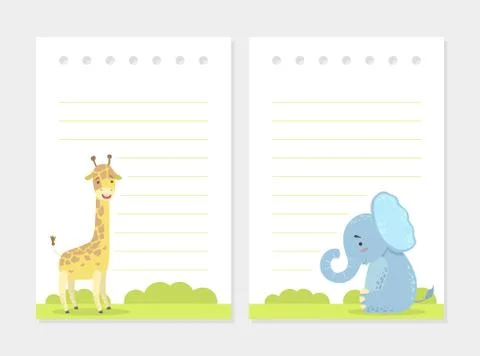Set of Lined Cards, Notes, Tags, Stickers or Labels with Cute Hedgehog and Fox Stock Illustration