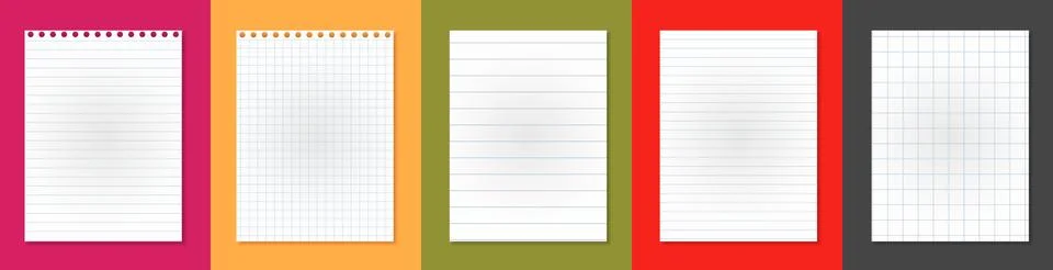 Set of lined, squared white note, notebook paper stuck on colorful background Stock Illustration