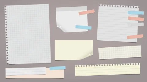 Set of lined white, yellow note, notebook paper pieces stuck with sticky tape on Stock Illustration