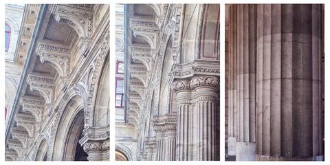 Set, lines ancient columns and bas-relief stone ornaments in Renaissance Stock Photos