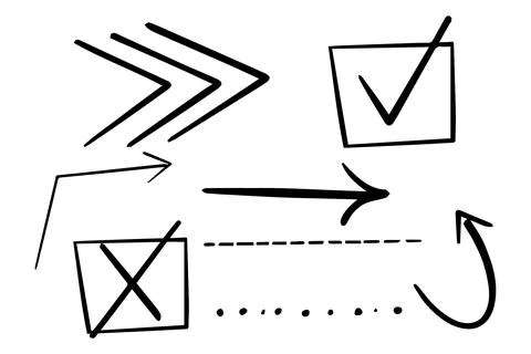 Set lines, arrows, marks in doodle style isolated on white background. Hand Stock Illustration