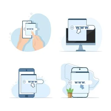 Set of link buttons, website names, URLs, and navigation bar icons. Illustrazione stock
