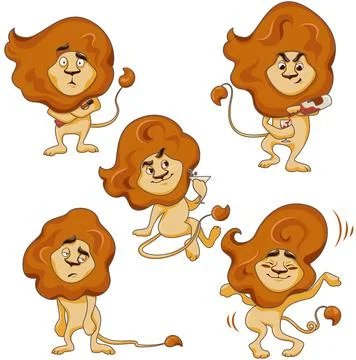 Set of Lion Character Different Poses and Emotions Stock Illustration