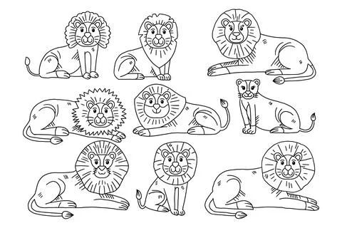 A set of lions are shown in various poses, with some sitting and others sta.. Stock Illustration
