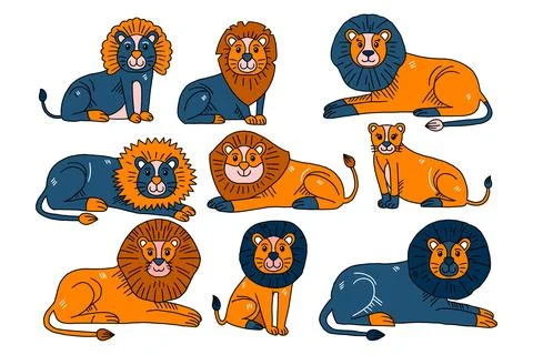 A set of lions are shown in various poses, with some sitting and others sta.. Stock Illustration