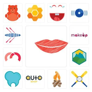 Set of lip, baseball team, bonfire, auto shop, dental clinic, pic, m, , rowin Illustrazione stock gratuita