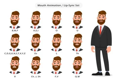 Set of lip sync collection for animation of the talking businessman. Business Stock Illustration