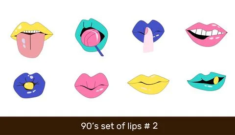Set of lips in a retro 90s style isolated Stock Illustration