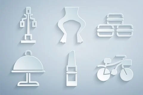 Set Lipstick, Macaron cookie, Covered with tray, Bicycle, Frog legs and Str.. Stock Illustration