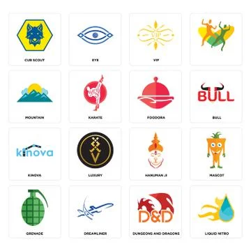 Set of liquid nitro, dungeons and dragons, grenade, hanuman ji, kinova, foodo Free Stock Illustration