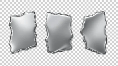 Set of liquid silver splashes, chrome or mercury drops, wavy metallic shape.. Stock Illustration