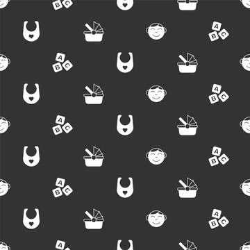 Set Little boy head, ABC blocks, Baby bib and stroller on seamless pattern Stock Illustration