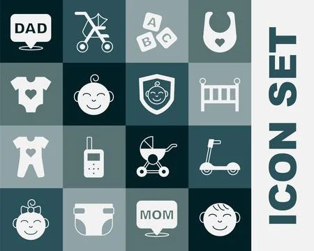 Set Little boy head, Roller scooter, Baby crib cradle bed, ABC blocks, clothes Stock Illustration