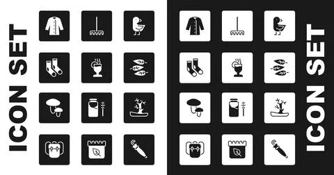 Set Little chick, Mulled wine, Socks, Raincoat, Leaf or leaves, Garden rake Stock Illustration