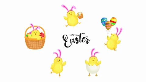 Set of  little chicks decorated with rabbit ear in different pose. Stock Footage 129921764