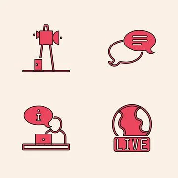 Set Live report, Antenna, Speech bubble chat and Television icon. Vector Stock Illustration