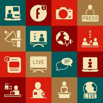 Set Live report, Information, Interview, Photo camera, Television, Radar, World 库存插图