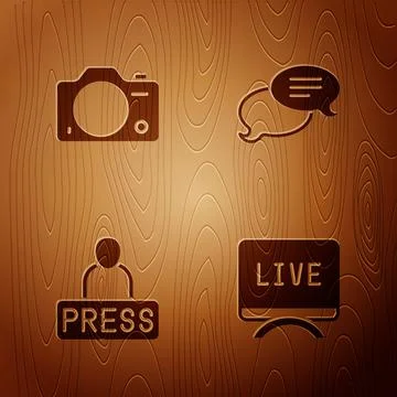 Set Live report, Photo camera, Journalist news and Speech bubble chat on wo.. 库存插图