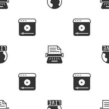 Set Live report, Retro typewriter and stream on seamless pattern. Vector Illustrazione stock