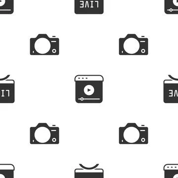 Set Live report, stream and Photo camera on seamless pattern. Vector Illustrazione stock
