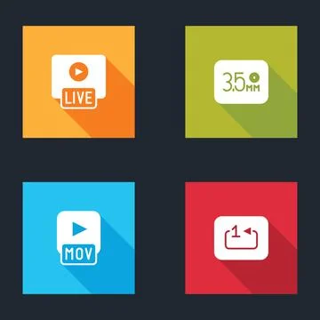 Set Live stream, Audio jack, MOV file and Repeat track music player icon. Vector Stock Illustration