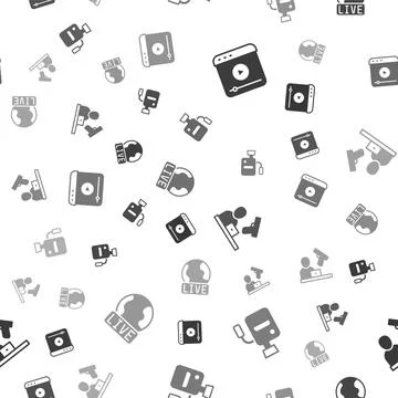 Set Live stream, Cinema camera, Crime news and report on seamless pattern Illustrazione stock