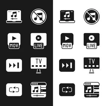 Set Live stream, MOV file, Laptop with music, Speaker mute, Fast forward, Smart 스톡 일러스트