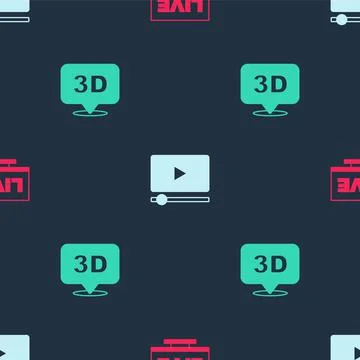 Set Live stream, Online play video and 3D word on seamless pattern. Vector Stock Illustration