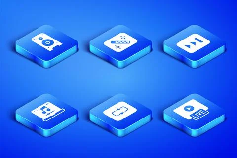 Set Live stream, Stereo speaker, Repeat button, Laptop with music, Photo Stock Illustration