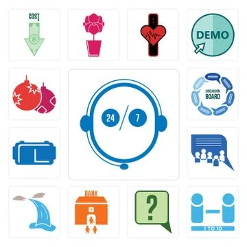Set of live support, number players, inquiry, bank branch, waterfall, discuss Illustrazione stock gratuita