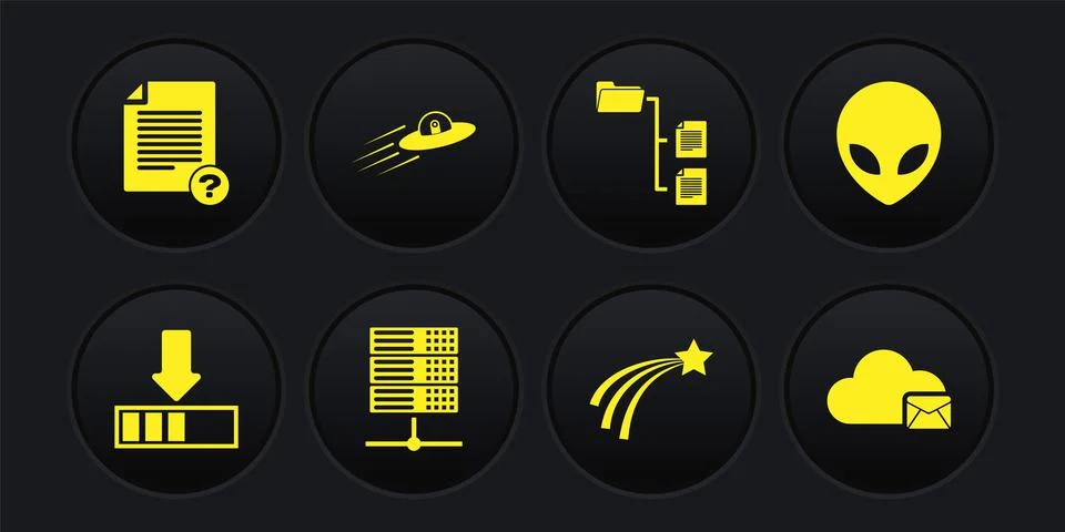 Set Loading, Alien, Server, Data, Web Hosting, Falling star, Folder tree and UFO Stock Illustration