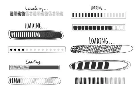 Set Loading bar, progress in doodle style isolated on white background Stock Illustration
