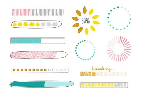 Set Loading bar, progress in doodle style isolated on white background Stock Illustration