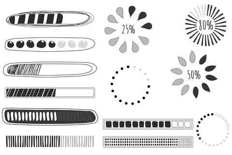 Set Loading bar, progress in doodle style isolated on white background Stock Illustration