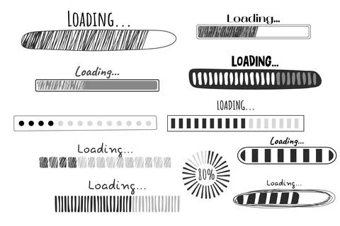 Set Loading bar, progress in doodle style isolated on white background Ilustración de archivo