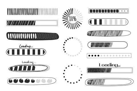 Set Loading bar, progress in doodle style isolated on white background Ilustración de archivo