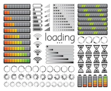 Set of loading bars, battery charge levels and wifi signal strength. Ilustración de archivo