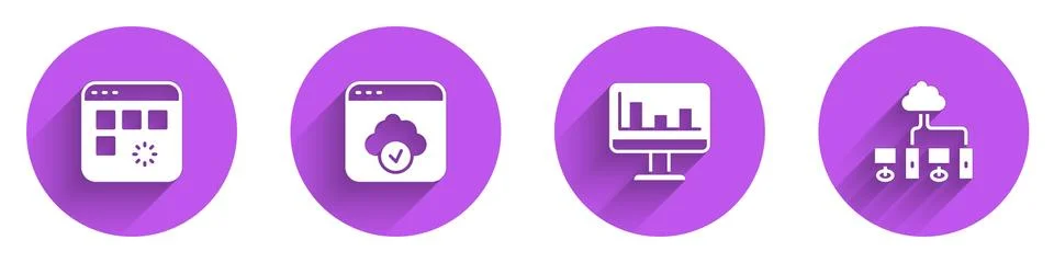 Set Loading data window, Cloud technology transfer, Monitor with graph chart and Illustrazione stock