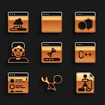 Set Loading data window, Debugging, Flowchart, Software, Browser files, Hac.. Illustrazione stock