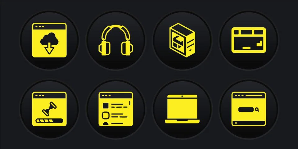 Set Loading data window, Keyboard, Browser files, Laptop, Computer, Headphones Illustrazione stock