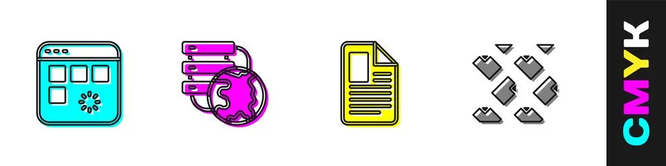 Set Loading data window, Network cloud connection, File document and Data stream Stock Illustration
