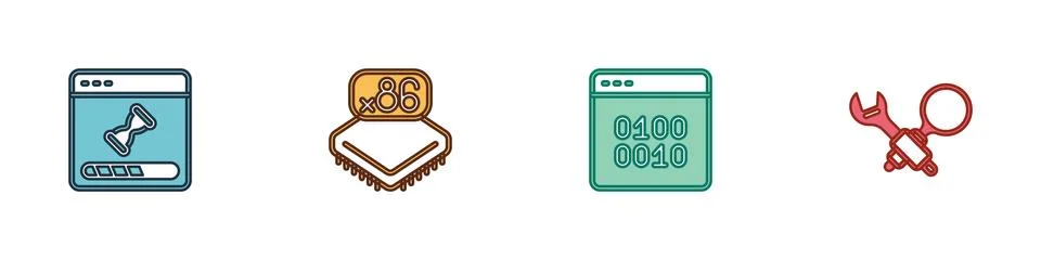 Set Loading data window, Processor with microcircuits CPU, Binary code and Stock Illustration